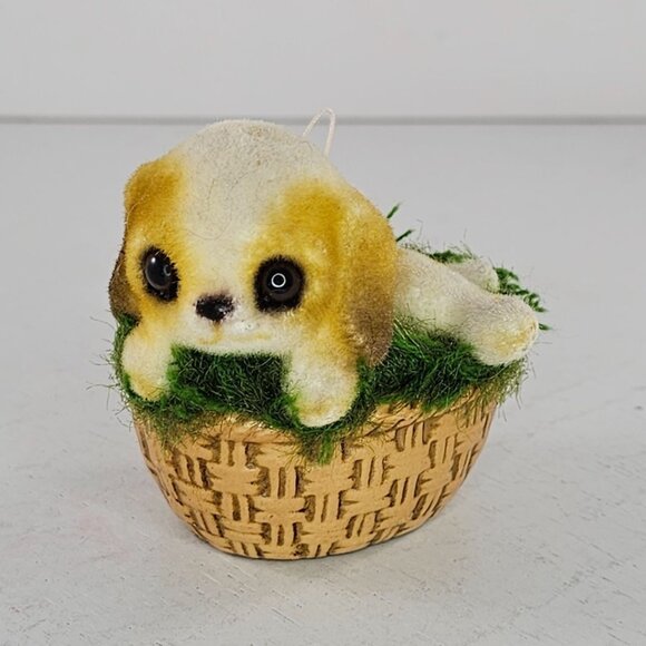 Vintage Josef Originals Japan Flocked Light Brown Puppy In Basket Figurine - Picture 2 of 8